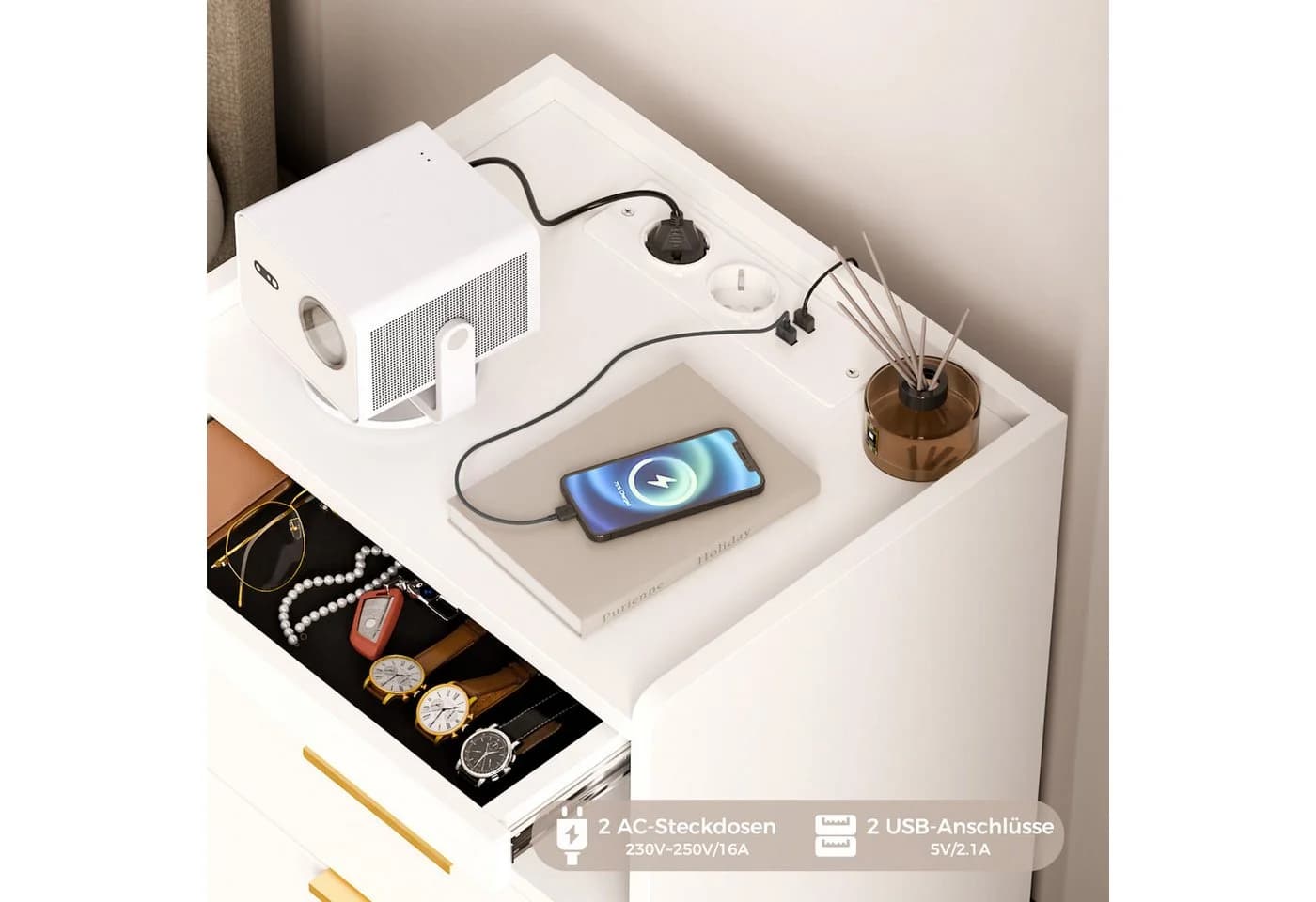 Mondeer Nachttisch LED Nachtkommode mit Steckdosen & USB, 3 Schubladen - Bild 3