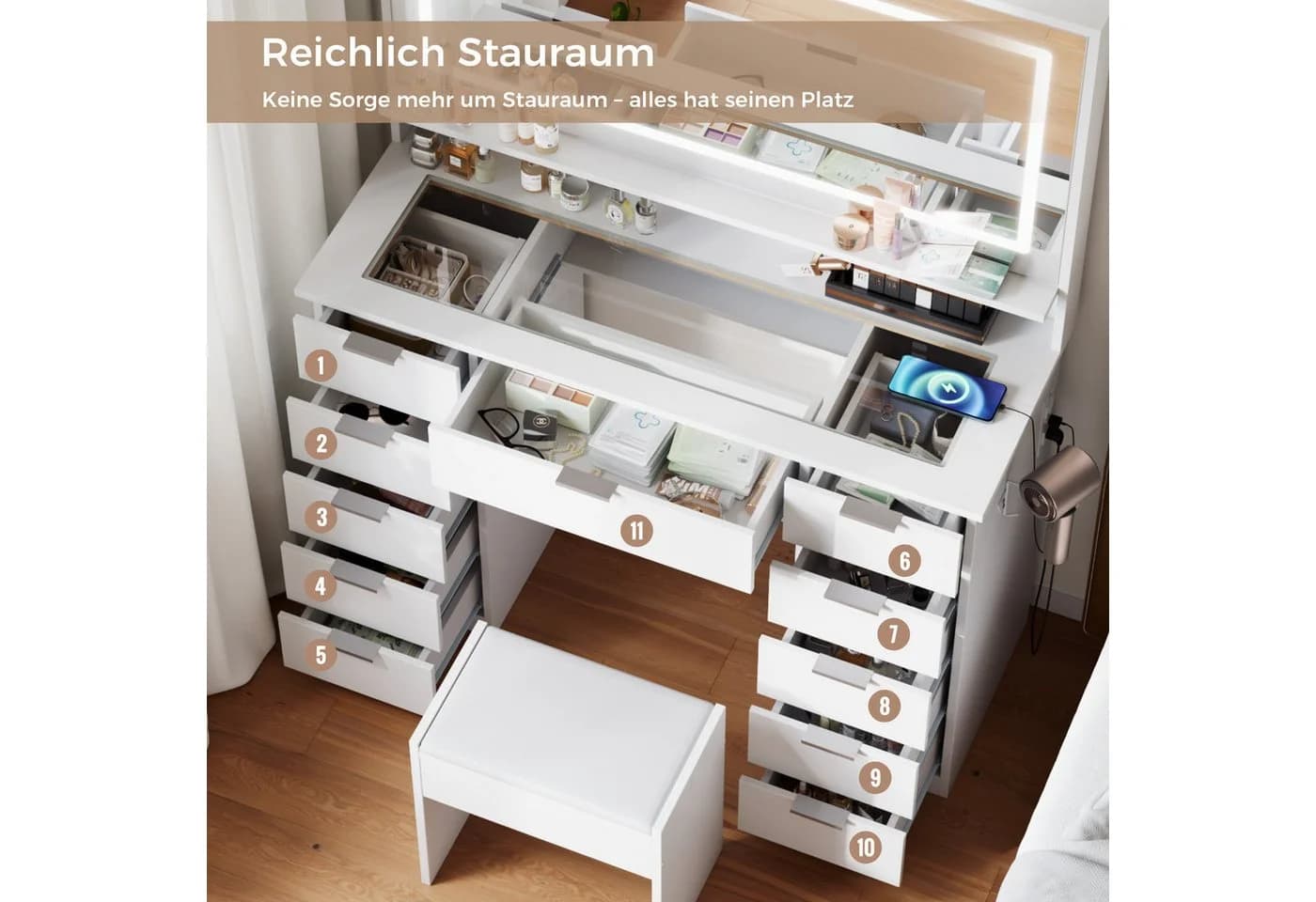 Mondeer Schminktisch-Set mit Hocker, LED & 11 Schubladen - Bild 5