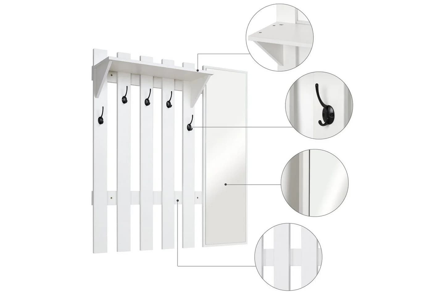 Mondeer Garderoben-Set (2-St) mit Schuhbank, Garderobenpaneel mit Spiegel und 5 Haken - Bild 5