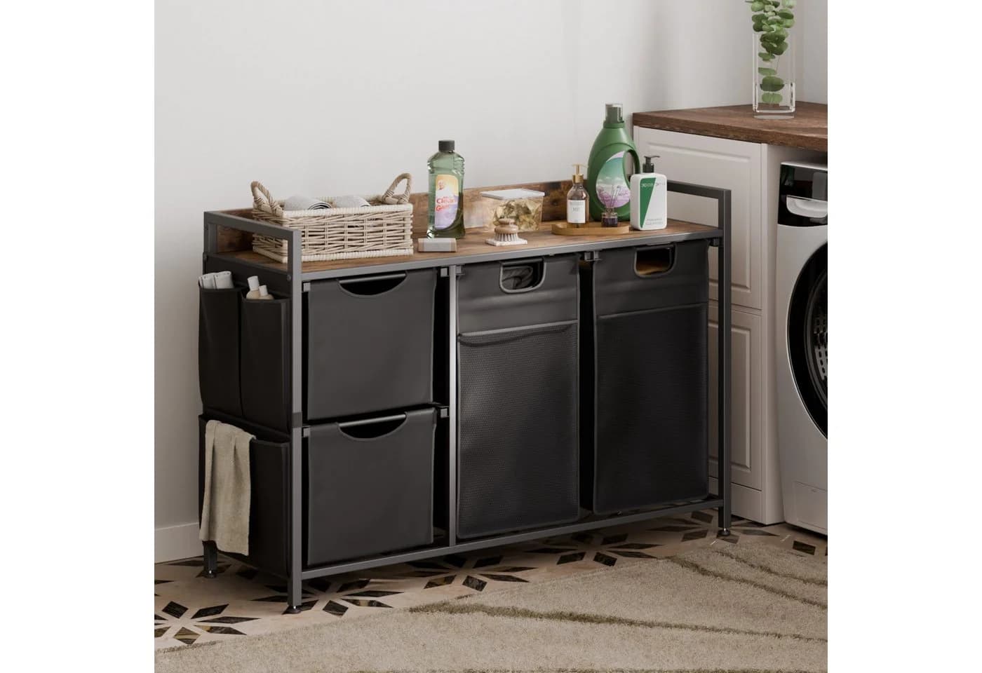 Mondeer Wäschekorb Metallgestell 4 Säcke 150L Schwarz