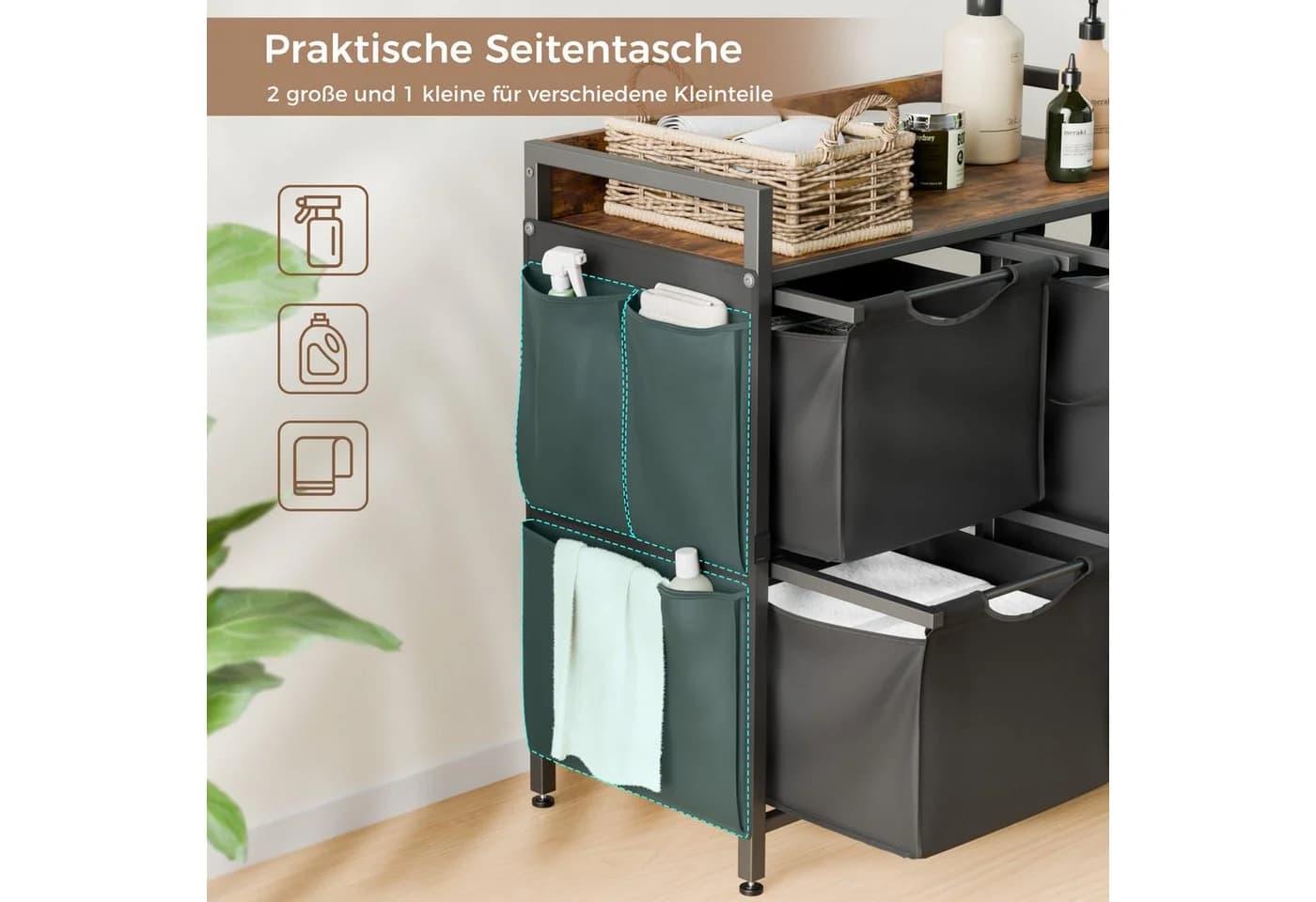 Mondeer Wäschekorb Metallgestell 4 Säcke 150L Schwarz - Bild 4