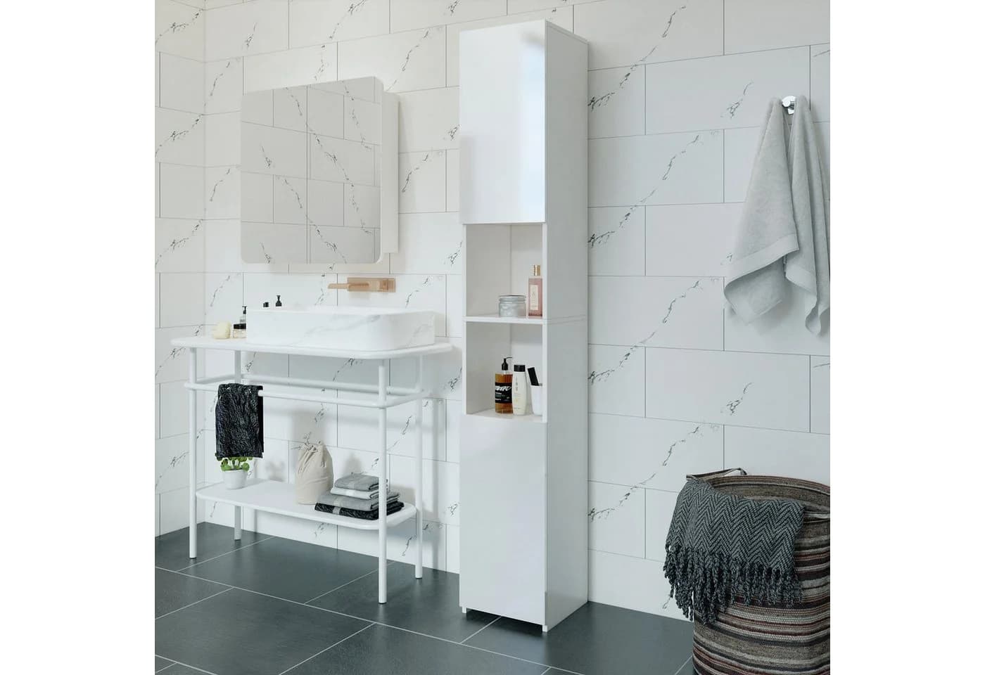 Mondeer Hochschrank Badschrank Weiß 2 Hochglanz Türen