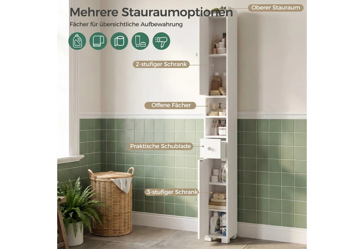Mondeer Hochschrank Badschrank Weiß mit Schubladen - Bild 4