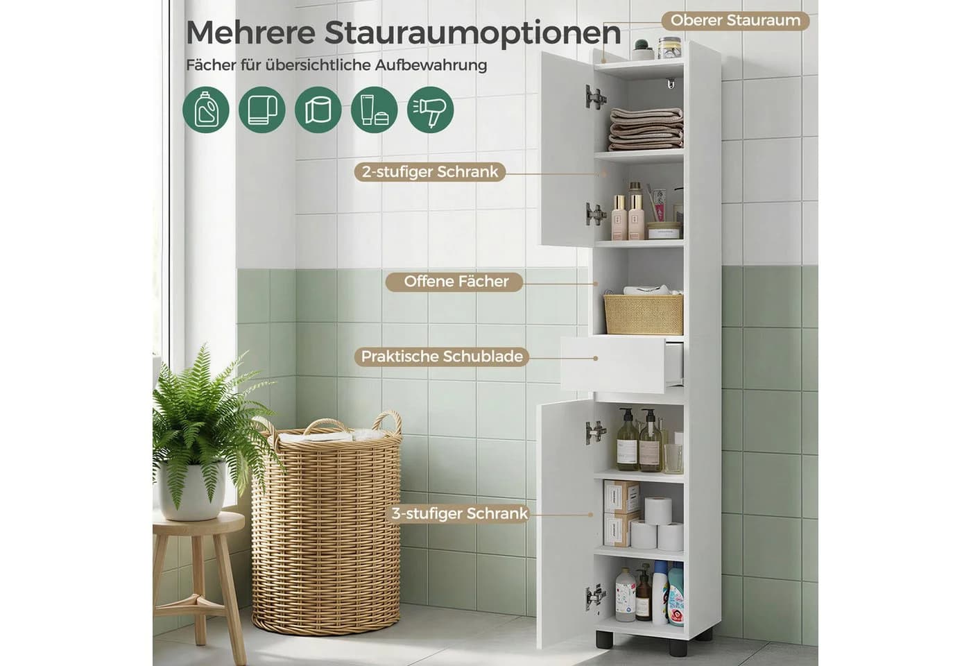 Mondeer Hochschrank Badezimmer Weiß Hochglanz - Bild 4