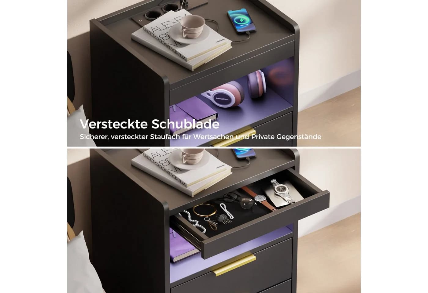 Mondeer Nachttisch 2er Set LED Beistelltisch Schwarz/Weiß - Bild 4