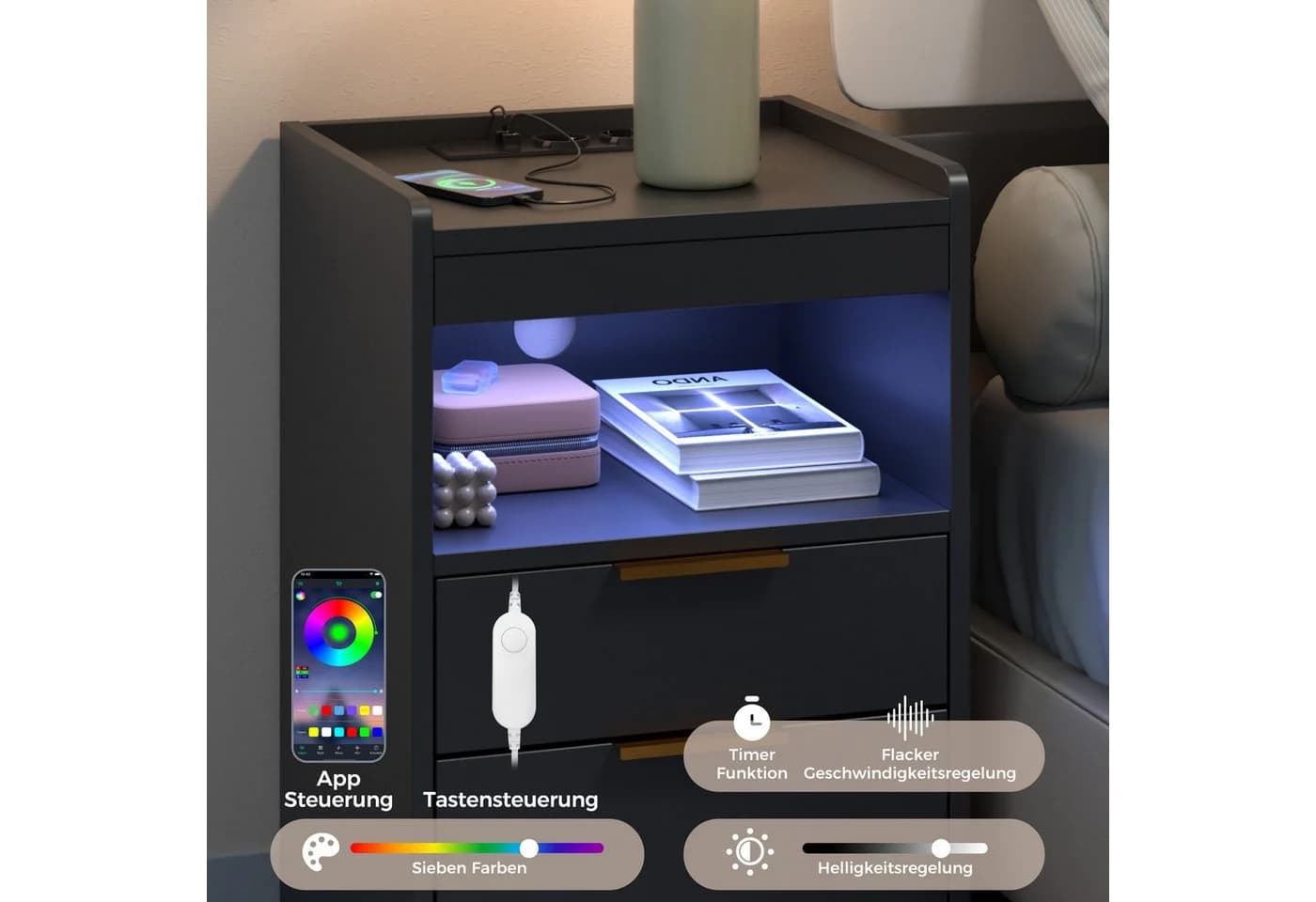 Mondeer Nachttisch 2er Set LED Beistelltisch Schwarz/Weiß - Bild 5