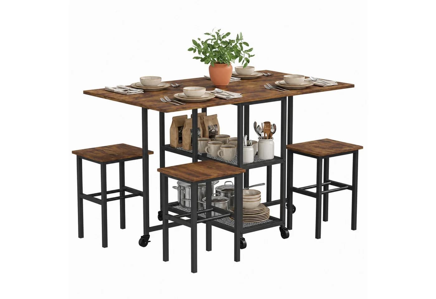 Mondeer Essgruppe Klapptisch-Set mit 4 Hockern Rustikales Braun - Bild 2