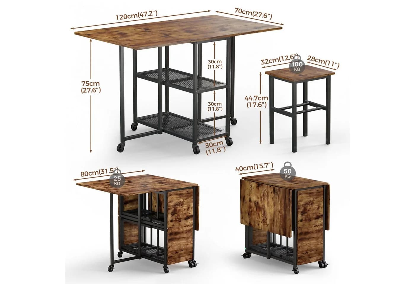 Mondeer Essgruppe Klapptisch-Set mit 4 Hockern Rustikales Braun - Bild 5