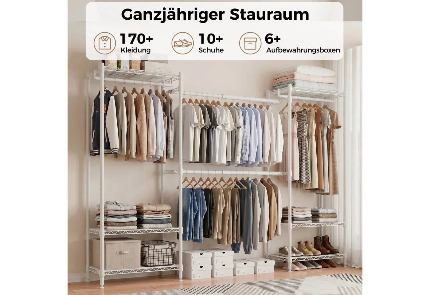Mondeer Kleiderschrank Garderobenständer Teleskopstangen 6 Ablagen Schwarz/Weiß - Bild 4