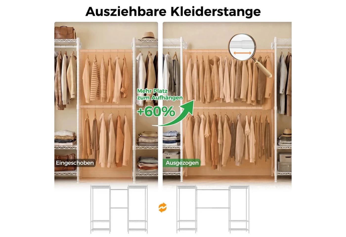 Mondeer Kleiderschrank Garderobenständer Teleskopstangen 6 Ablagen Schwarz/Weiß - Bild 5