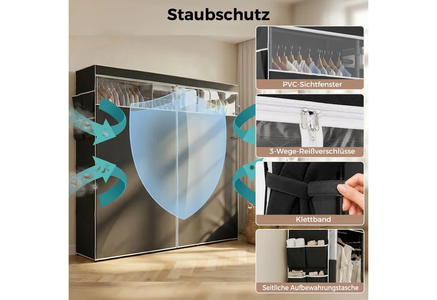Mondeer Kleiderschrank Garderobenständer mit Staubschutzhülle Schwarz - Bild 4