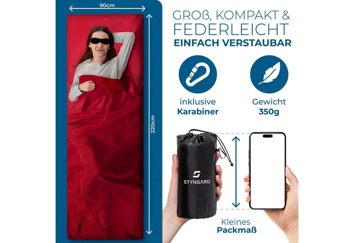 Styngard Schlafsackinlett Hüttenschlafsack Baumwolle Ultraleicht Rot - Bild 5