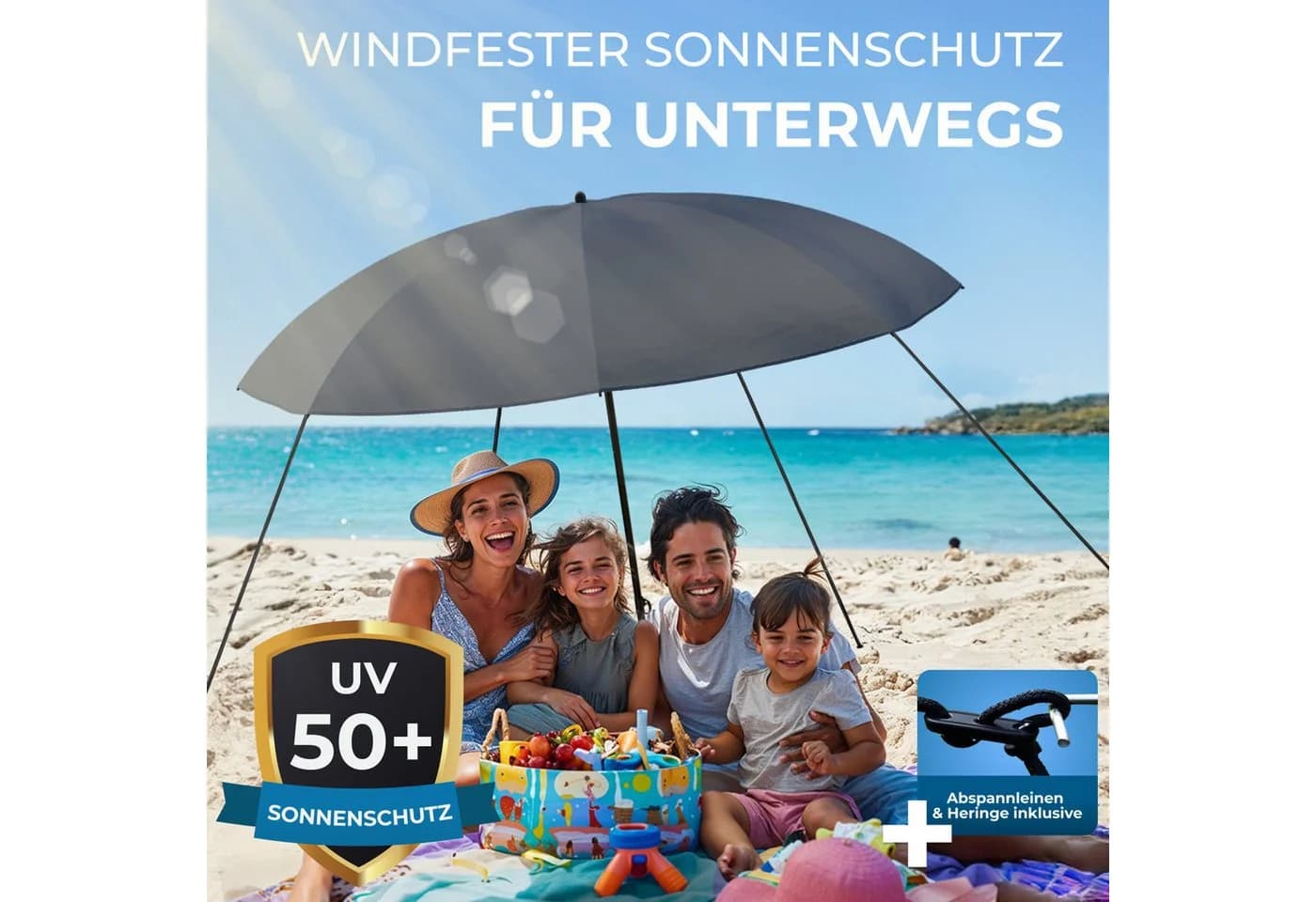 Styngard Sonnenschirm Nizza Grau UV-Schutz 50+ Reise Strandschirm