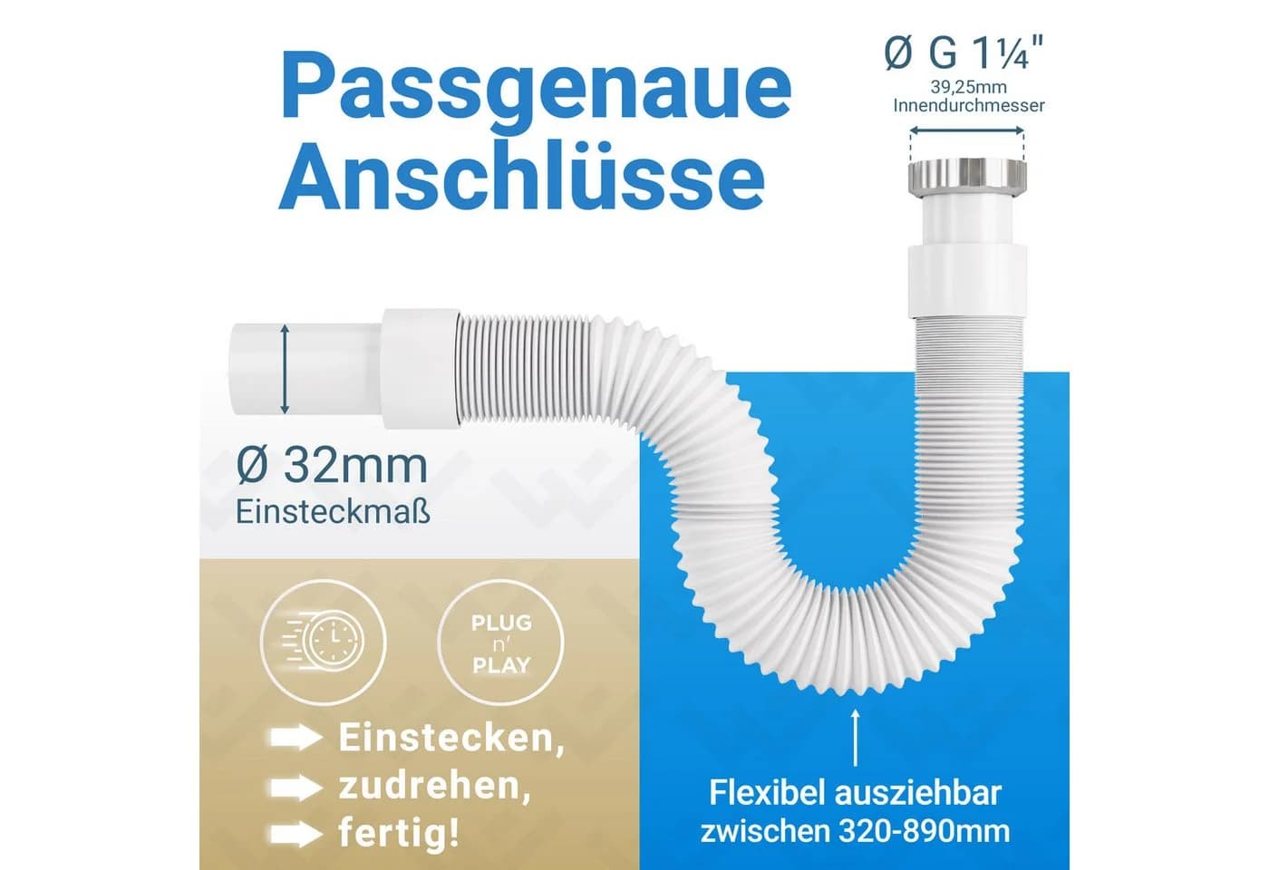 Lobenswerk Siphon SuperFlex Ablaufgarnitur ausziehbar 320-890mm Aluminium Mutter - Bild 3