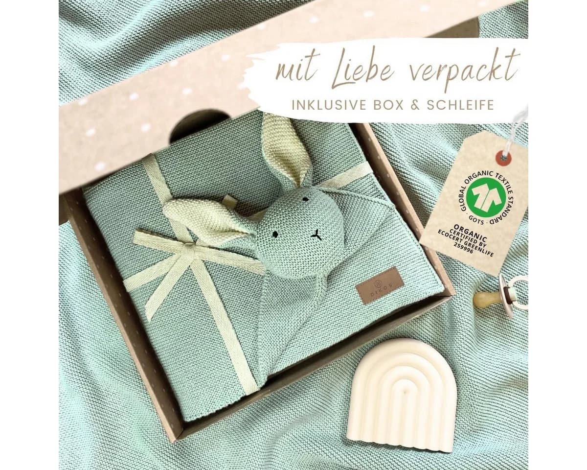 DIKOS Babydecke 100% BIO Baumwolle Strickmuster Hasen Geschenkset