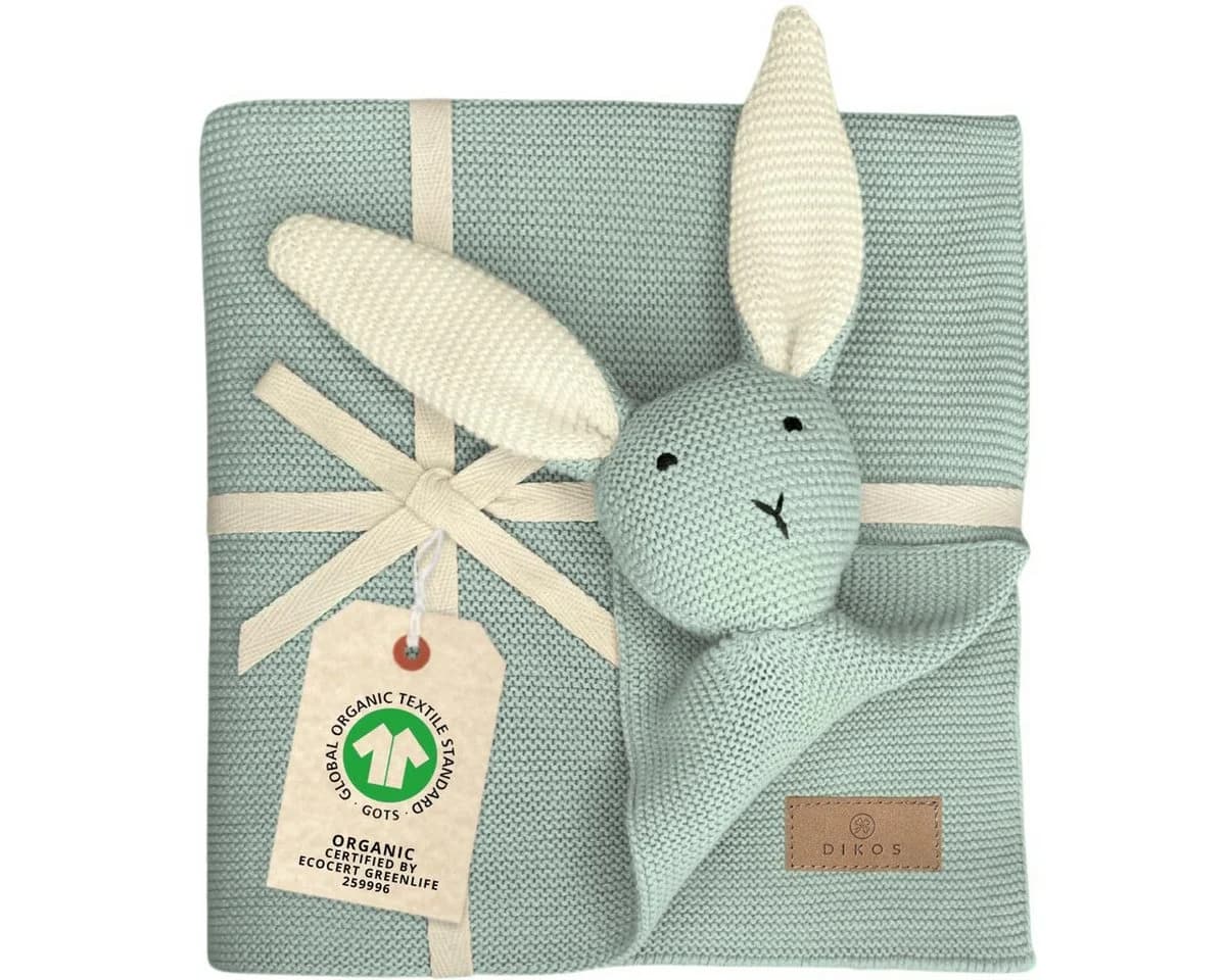 DIKOS Babydecke 100% BIO Baumwolle Strickmuster Hasen Geschenkset - Bild 2