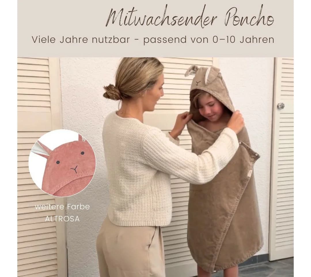 DIKOS Kapuzenhandtuch Badeponcho Baby Kinder Taupe/Altrosa, 100% Bio-Baumwolle