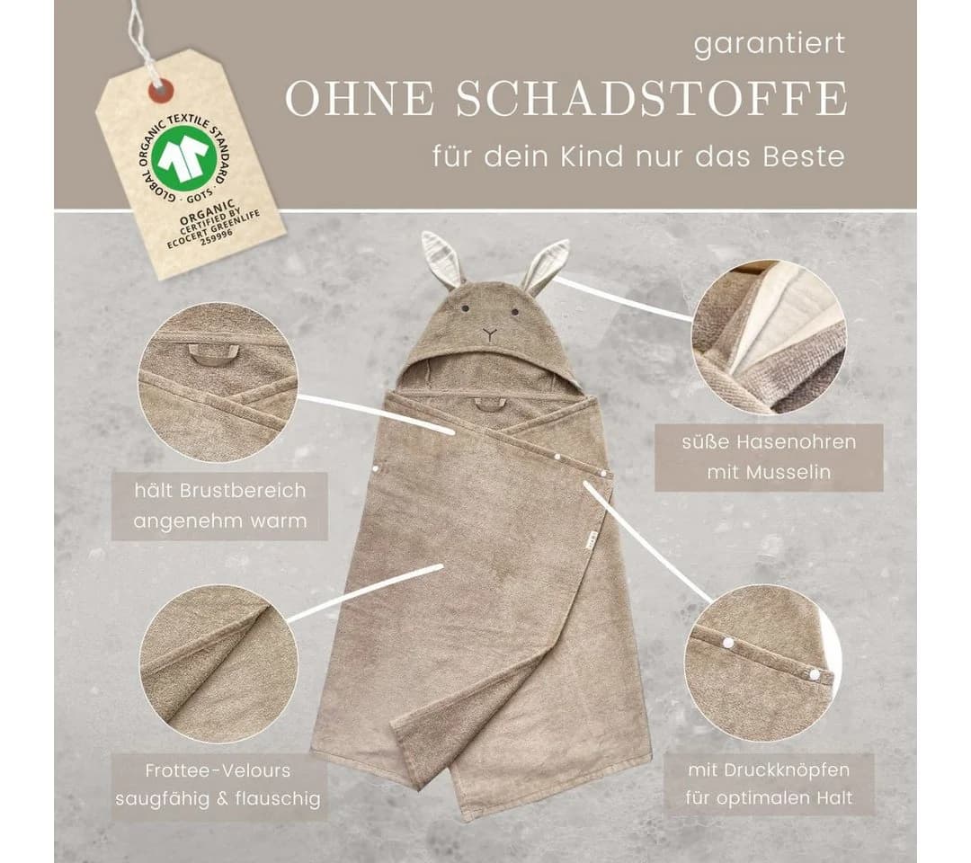 DIKOS Kapuzenhandtuch Badeponcho Baby Kinder Taupe/Altrosa, 100% Bio-Baumwolle - Bild 5
