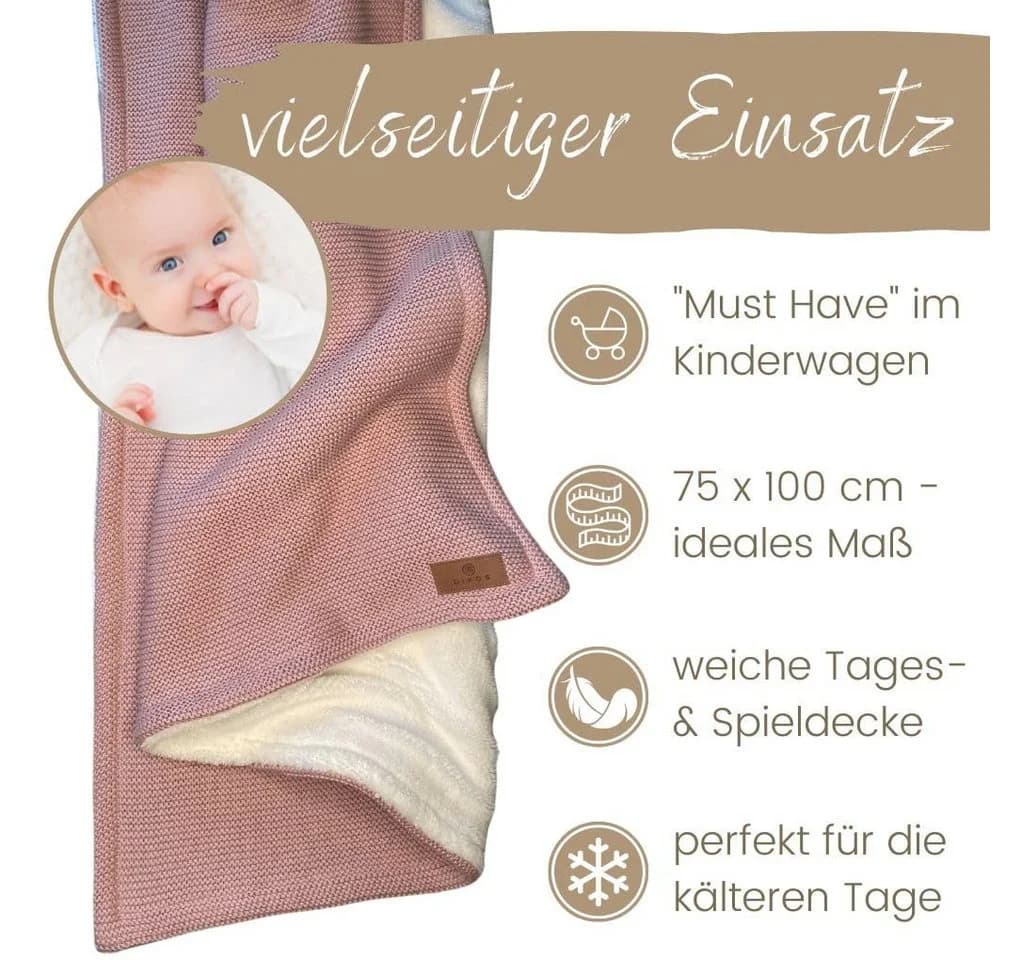 DIKOS Babydecke Winterdecke Neugeborene Baumwolle Fleece OEKO-TEX® Kinderwagendecke Altrosa/Grau - Bild 5