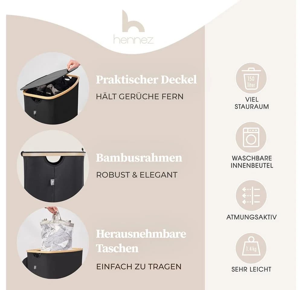 HENNEZ Wäschekorb 150L 3 Fächer mit Deckel Schwarz Bambus