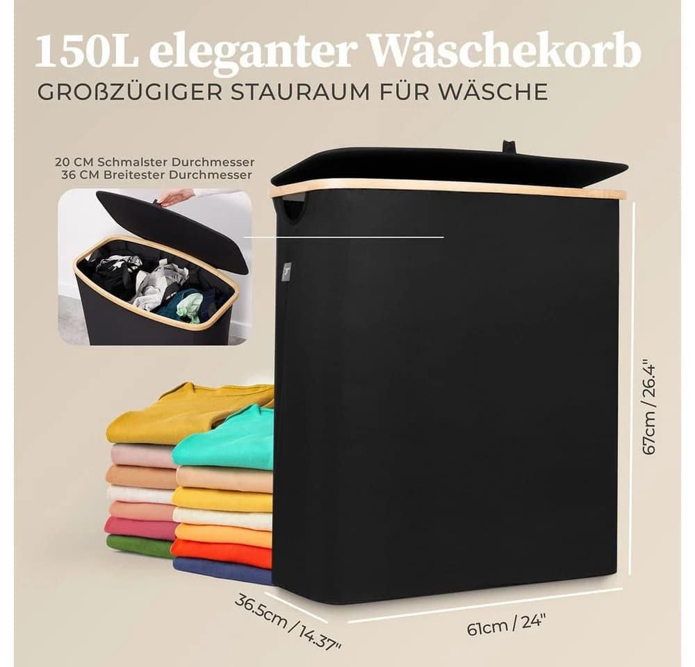 HENNEZ Wäschekorb 150L 3 Fächer mit Deckel Schwarz Bambus - Bild 3