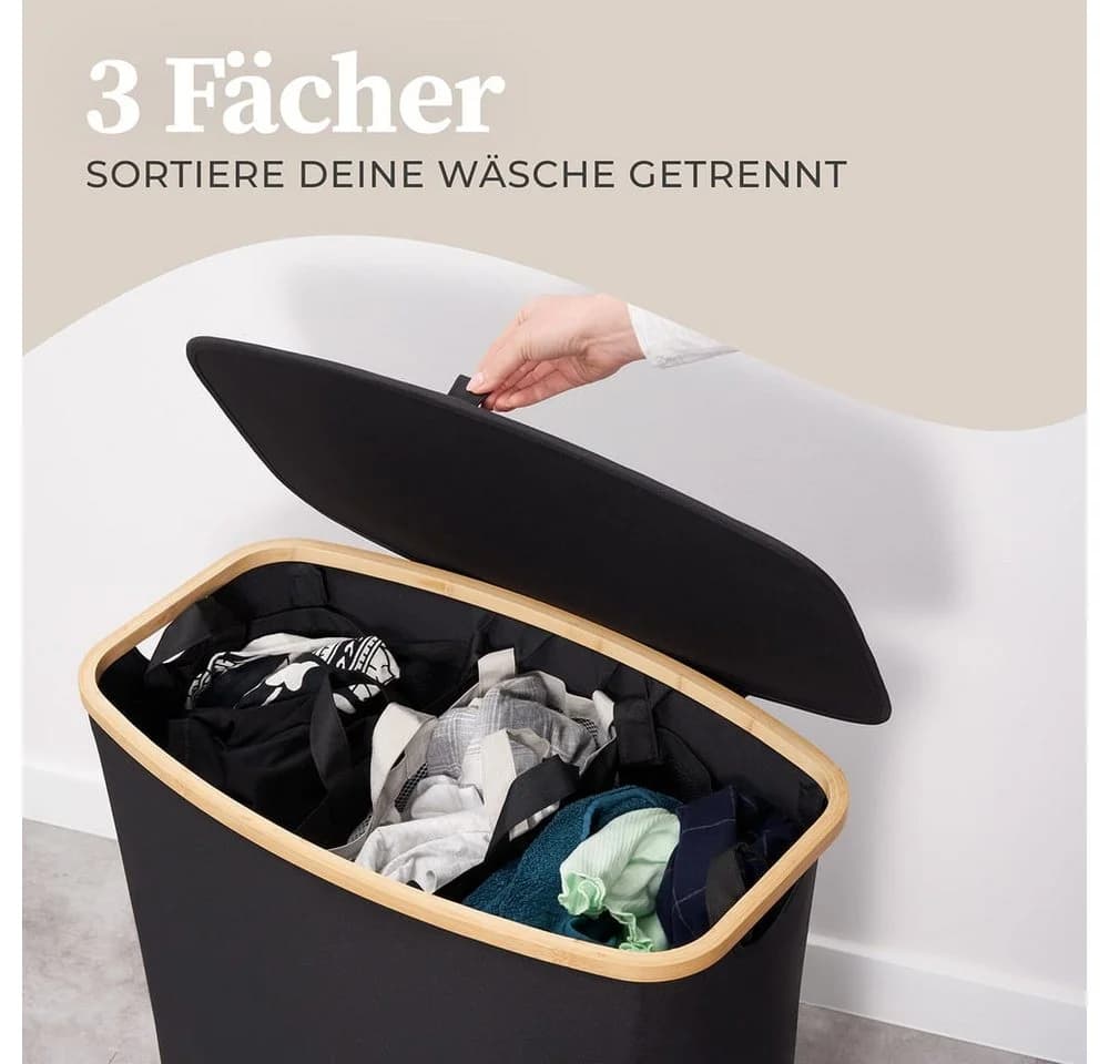 HENNEZ Wäschekorb 150L 3 Fächer mit Deckel Schwarz Bambus - Bild 4