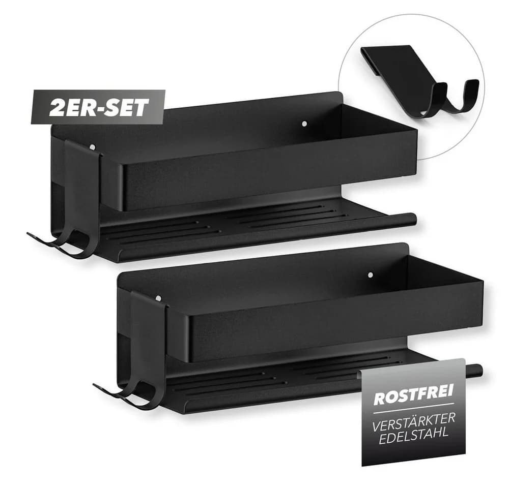 Benkstein Duschablage 2er-Set Schwarz Edelstahl mit Hakenleiste - Bild 2
