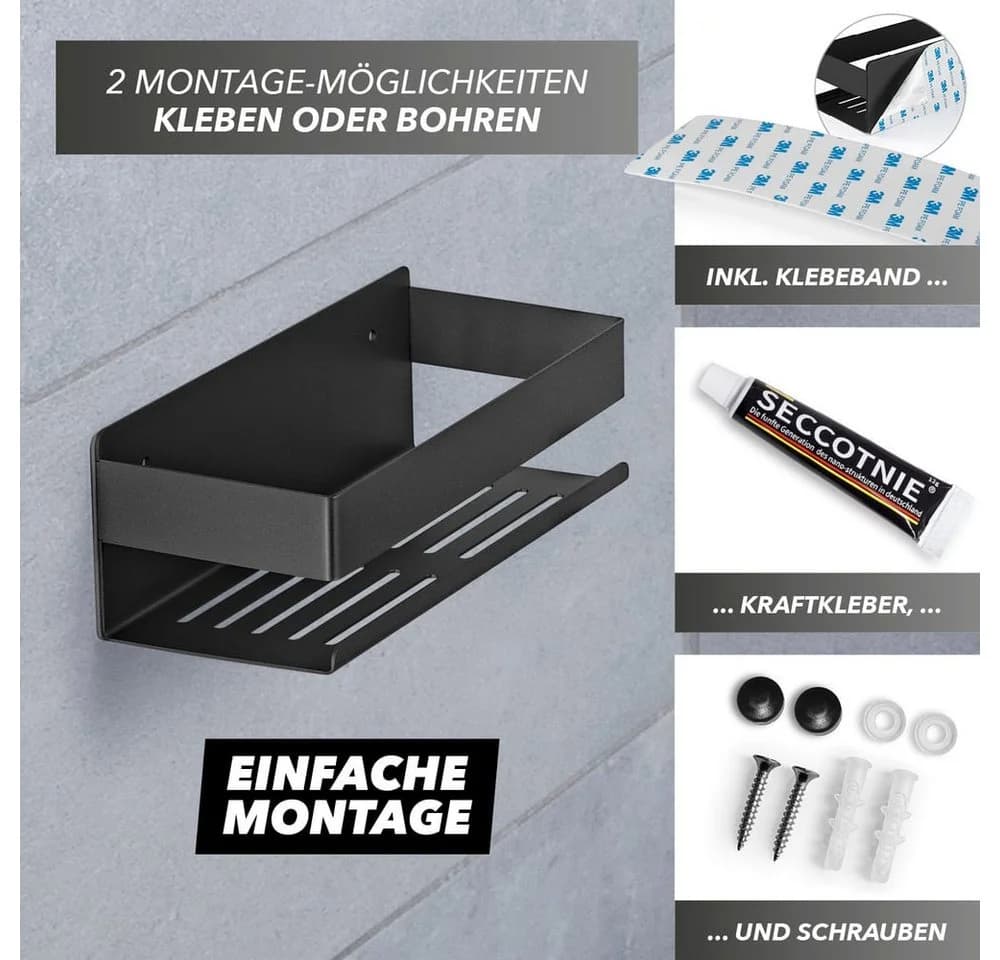 Benkstein Duschablage 2er-Set Schwarz Edelstahl mit Hakenleiste - Bild 4