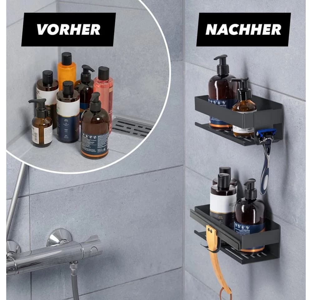 Benkstein Duschablage 2er-Set Schwarz Edelstahl mit Hakenleiste - Bild 5