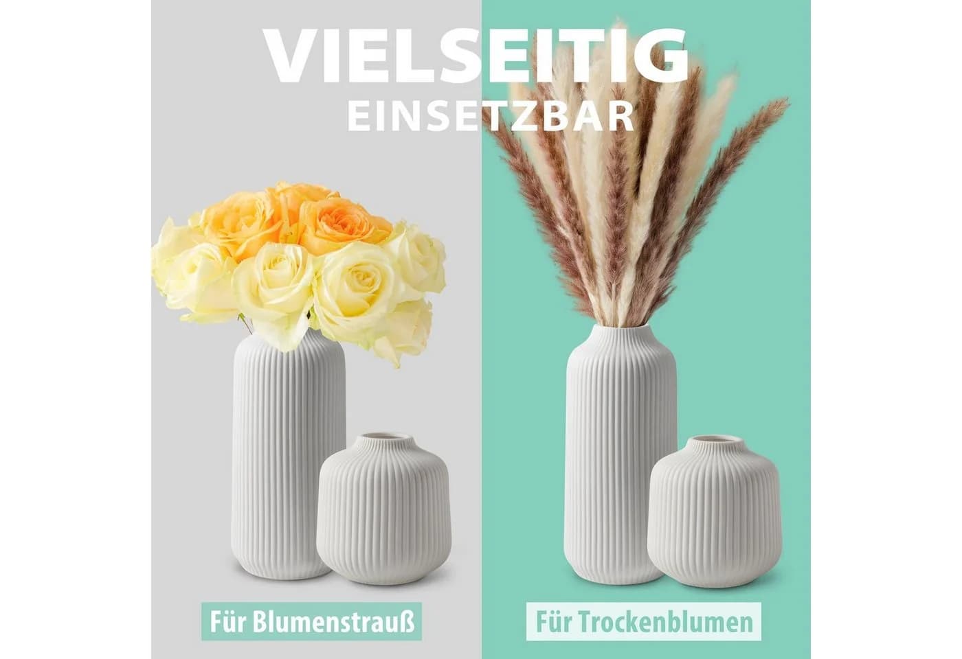 flature Tischvase Keramik 2er-Set Weiß mit Rillen