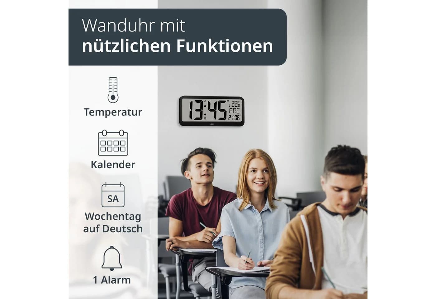 ADE Funkwanduhr Digitale Wanduhr XXL schwarz mit Alarm und Temperaturanzeige