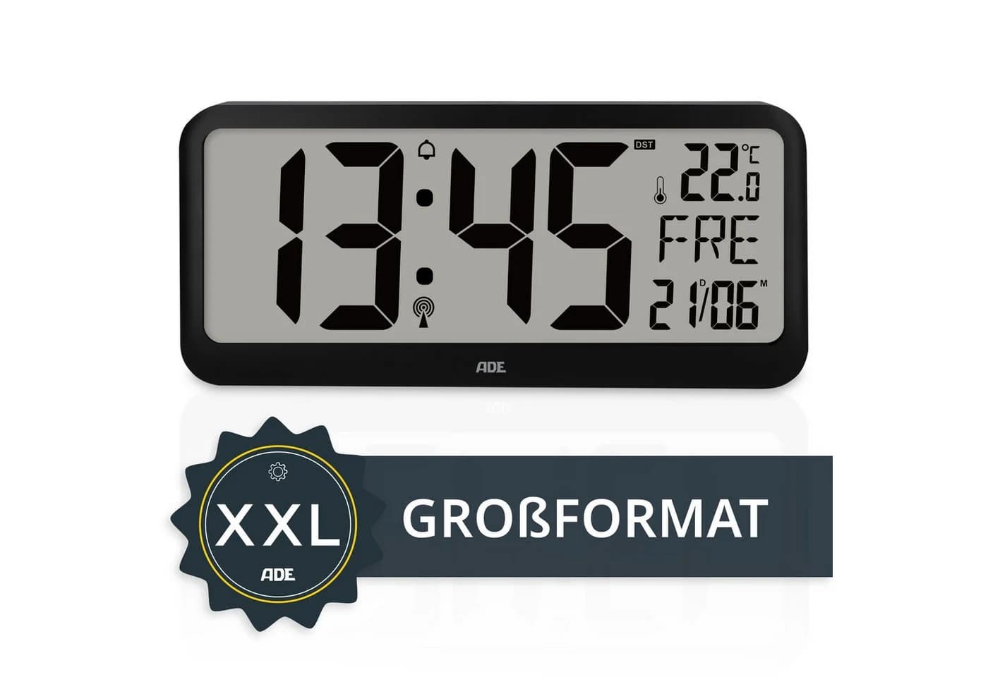 ADE Funkwanduhr Digitale Wanduhr XXL schwarz mit Alarm und Temperaturanzeige - Bild 2