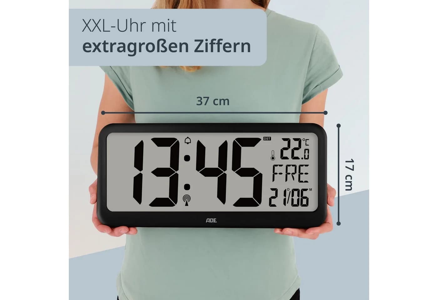 ADE Funkwanduhr Digitale Wanduhr XXL schwarz mit Alarm und Temperaturanzeige - Bild 3
