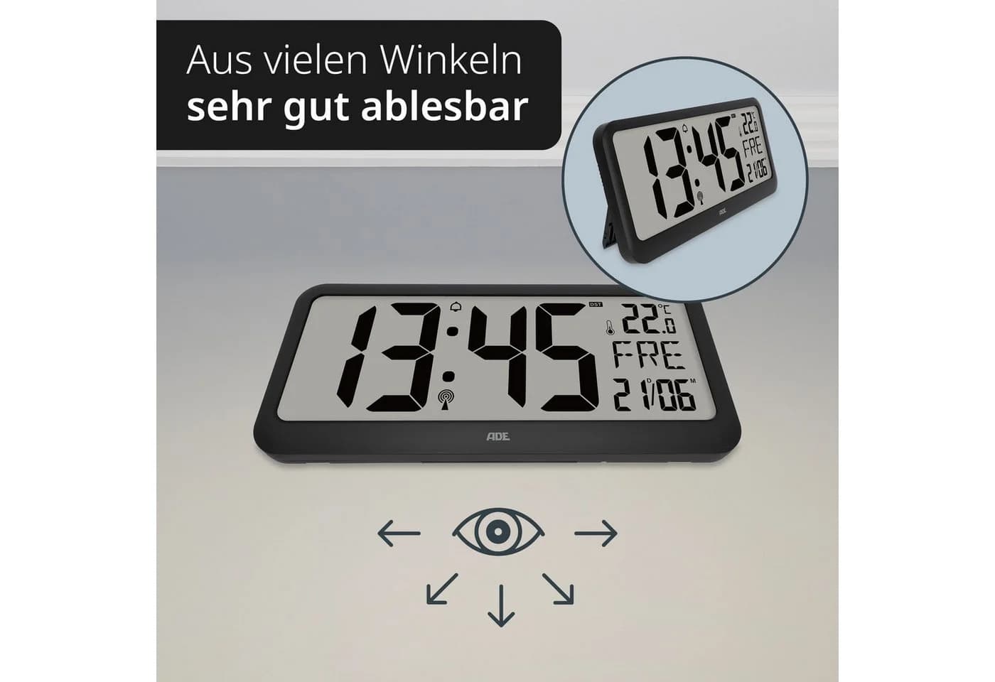 ADE Funkwanduhr Digitale Wanduhr XXL schwarz mit Alarm und Temperaturanzeige - Bild 5