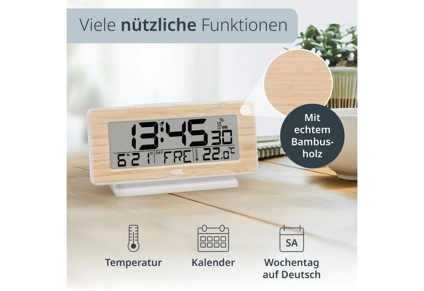ADE Funkwecker Digital mit Beleuchtung, Temperaturanzeige und Snoozetaste