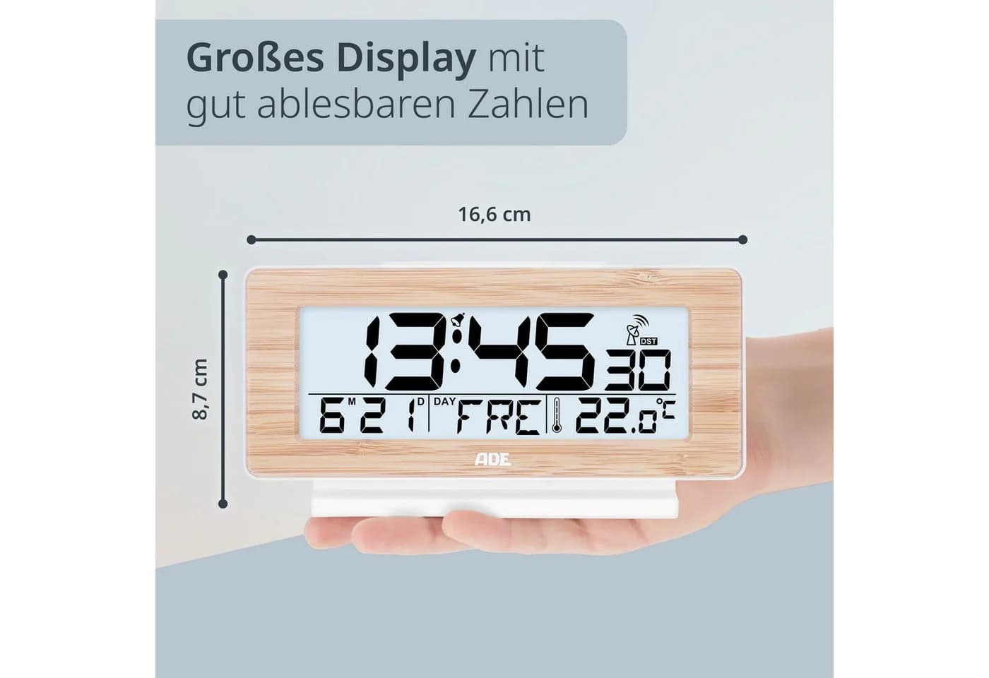 ADE Funkwecker Digital mit Beleuchtung, Temperaturanzeige und Snoozetaste - Bild 3