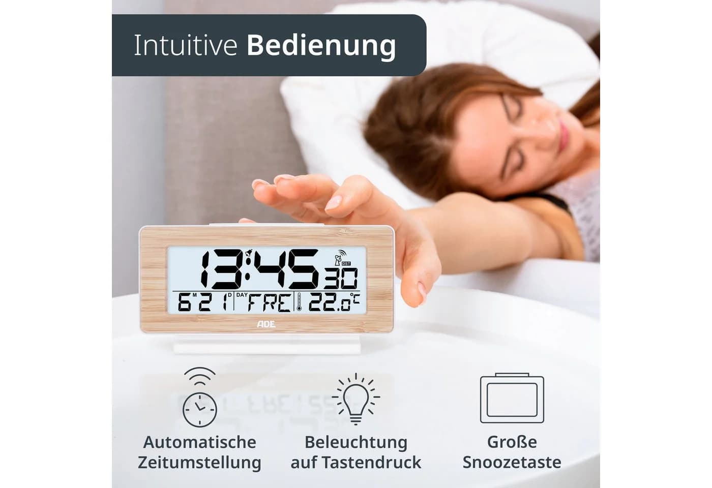 ADE Funkwecker Digital mit Beleuchtung, Temperaturanzeige und Snoozetaste - Bild 5