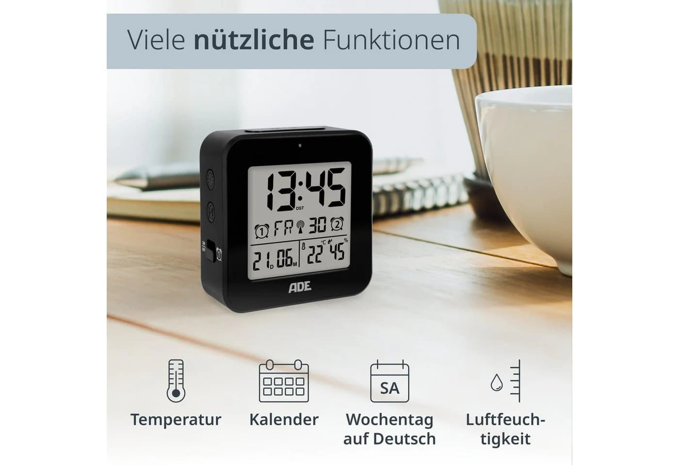 ADE Funkwecker Digital Schwarz mit Temperaturanzeige und LCD