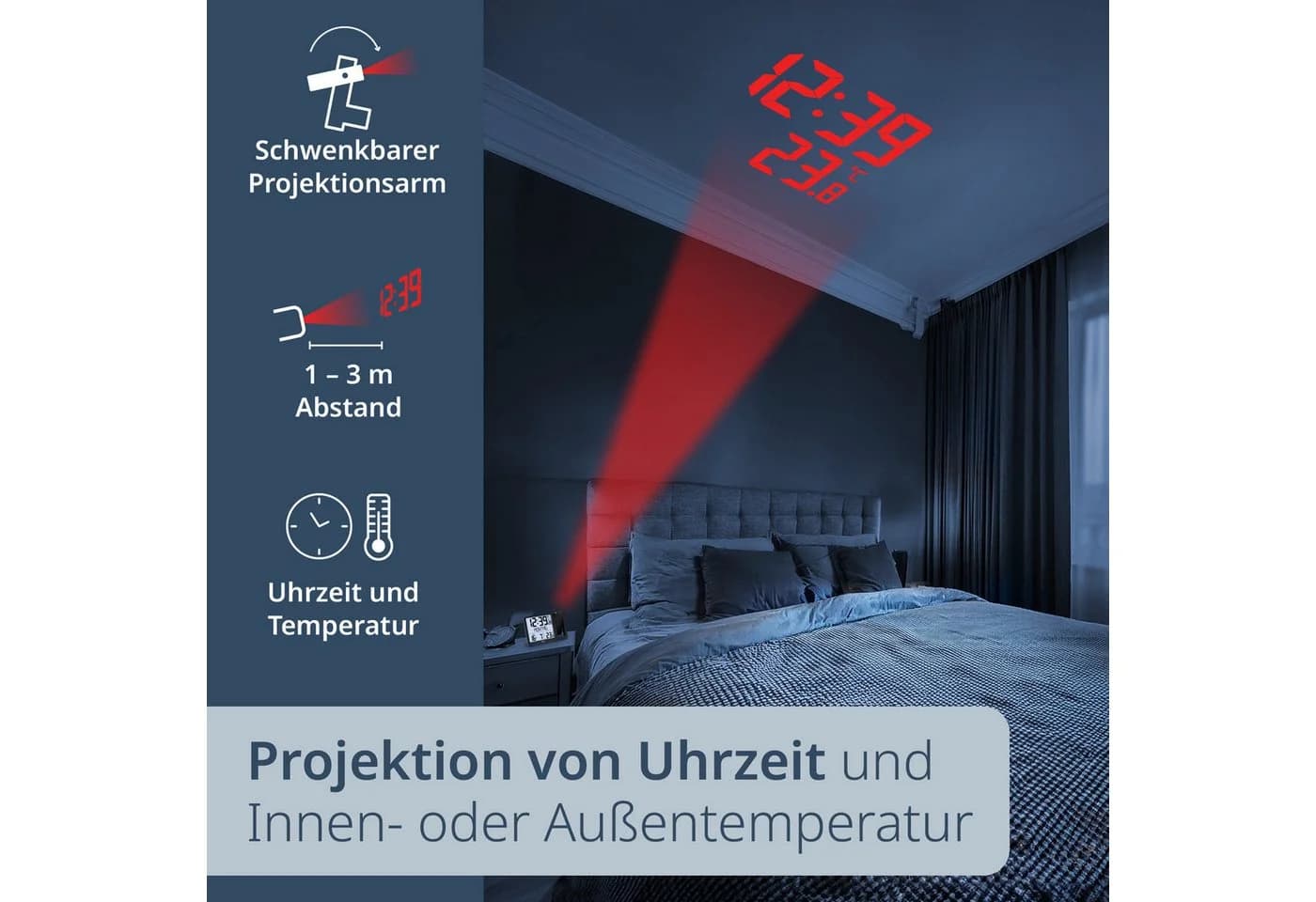 ADE Projektionswecker Funk Schwarz mit Außensensor und 2 Weckzeiten