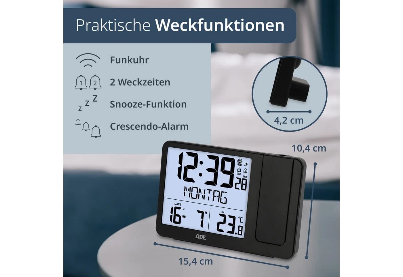 ADE Projektionswecker Funk Schwarz mit Außensensor und 2 Weckzeiten - Bild 4