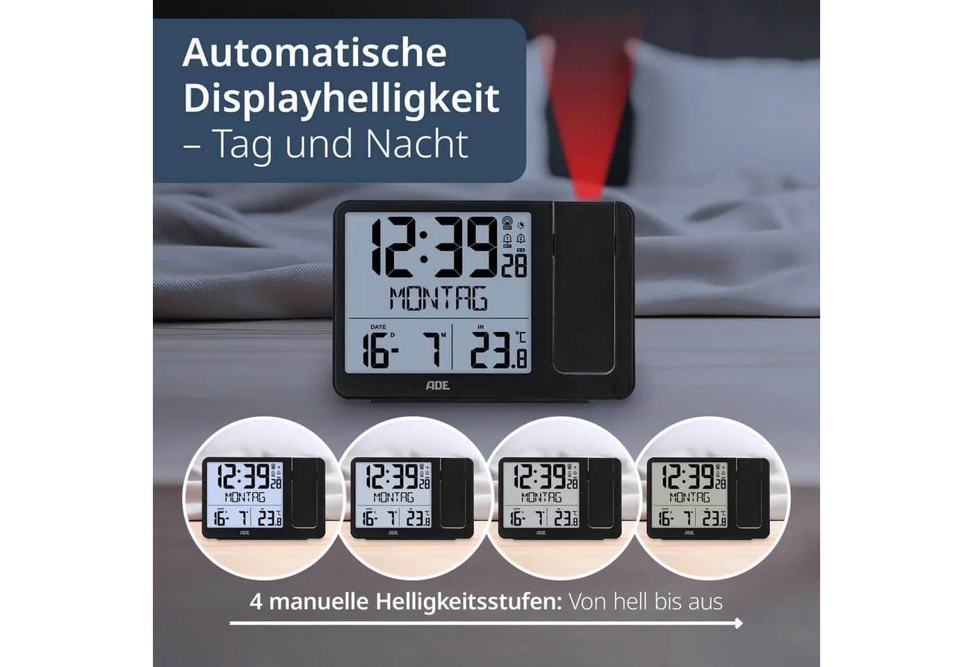 ADE Projektionswecker Funk Schwarz mit Außensensor und 2 Weckzeiten - Bild 5