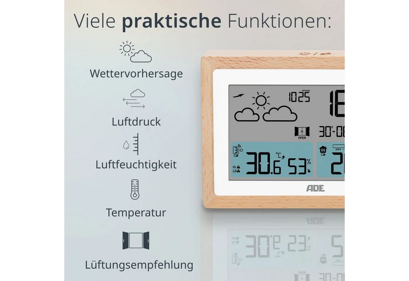 ADE Wetterstation mit Außensensor und Netzteil Funkwetterstation Vollholz Braun