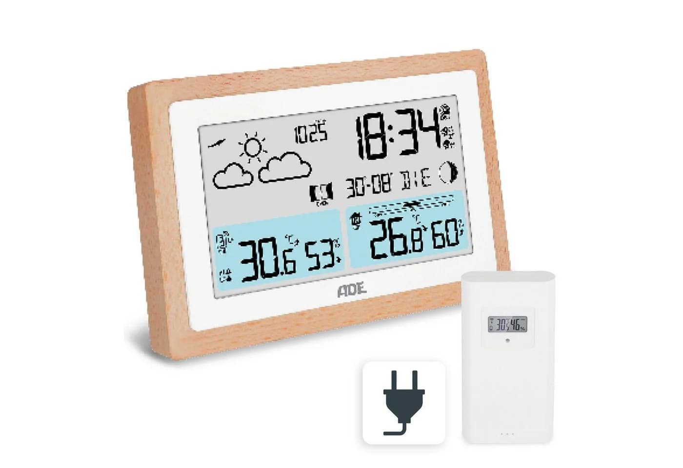 ADE Wetterstation mit Außensensor und Netzteil Funkwetterstation Vollholz Braun - Bild 2