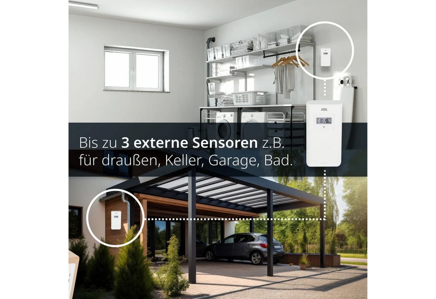 ADE Wetterstation mit Außensensor und Netzteil Funkwetterstation Vollholz Braun - Bild 3