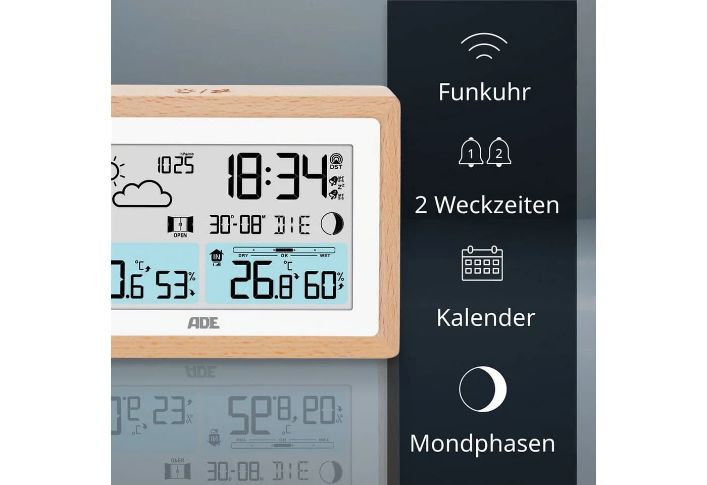 ADE Wetterstation mit Außensensor und Netzteil Funkwetterstation Vollholz Braun - Bild 4