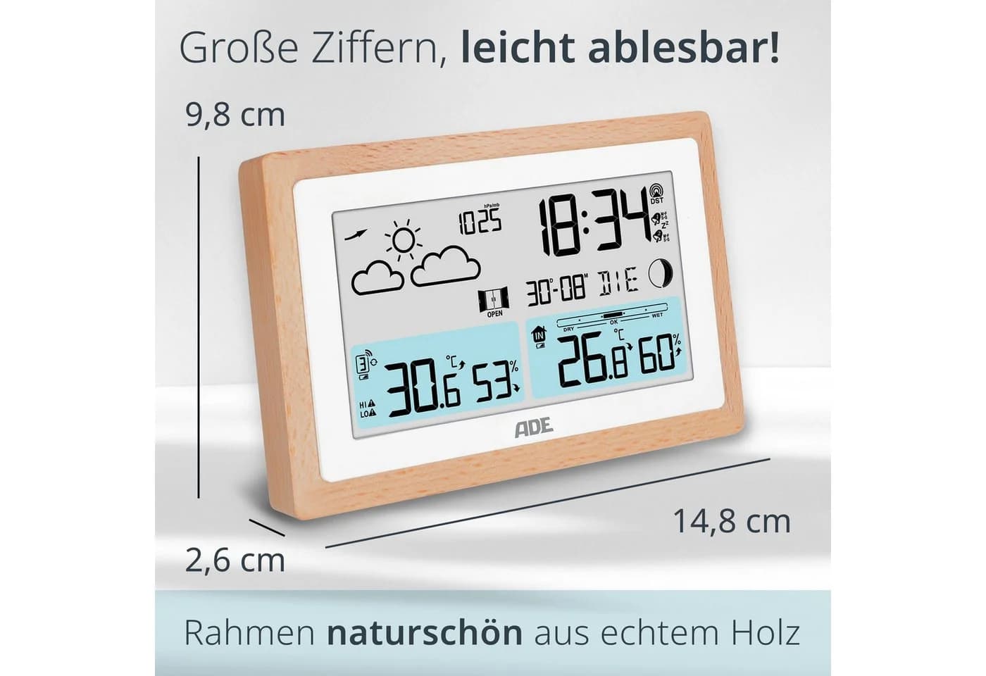 ADE Wetterstation mit Außensensor und Netzteil Funkwetterstation Vollholz Braun - Bild 5