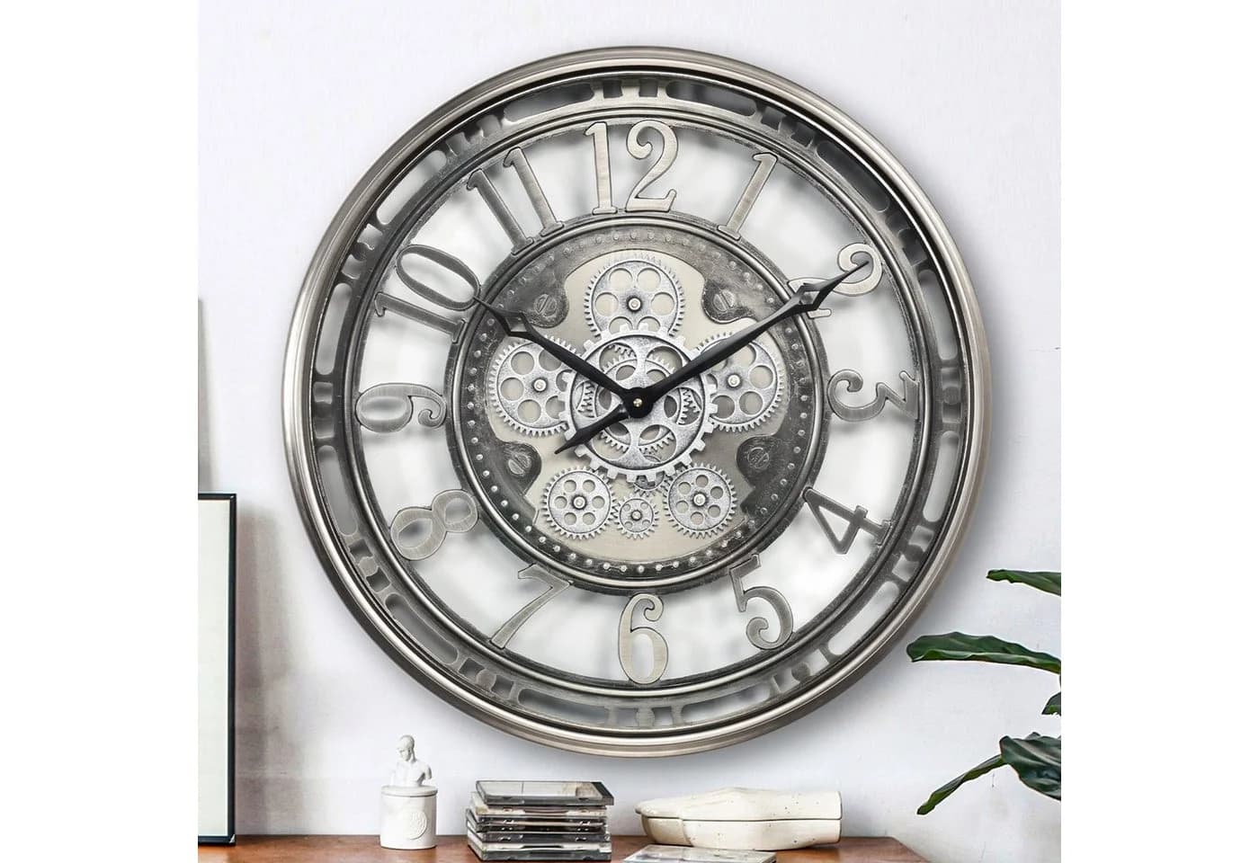 Samilito Wanduhr Silber mit echtem Bewegungsgetriebe