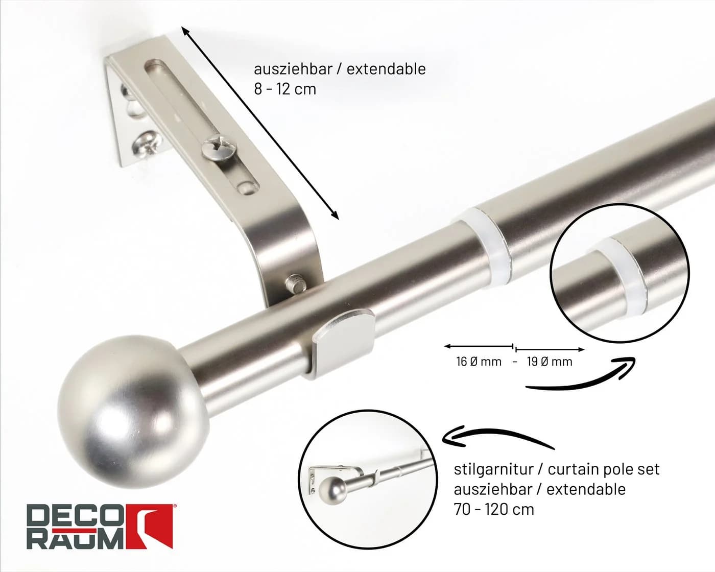 Deco-Raum Gardinenstange Flexa Stilgarnitur Set ausziehbar Ø 19 mm Metall
