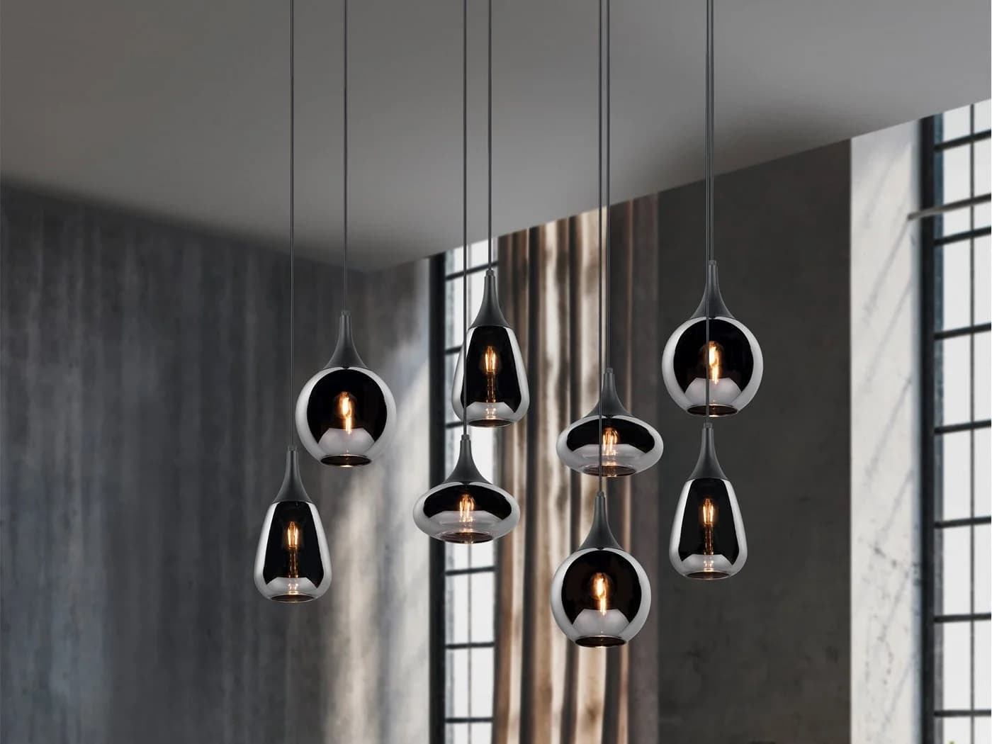 TRIO Leuchten 8-flammige LED Pendelleuchte Schwarz Rauchglas Vintage