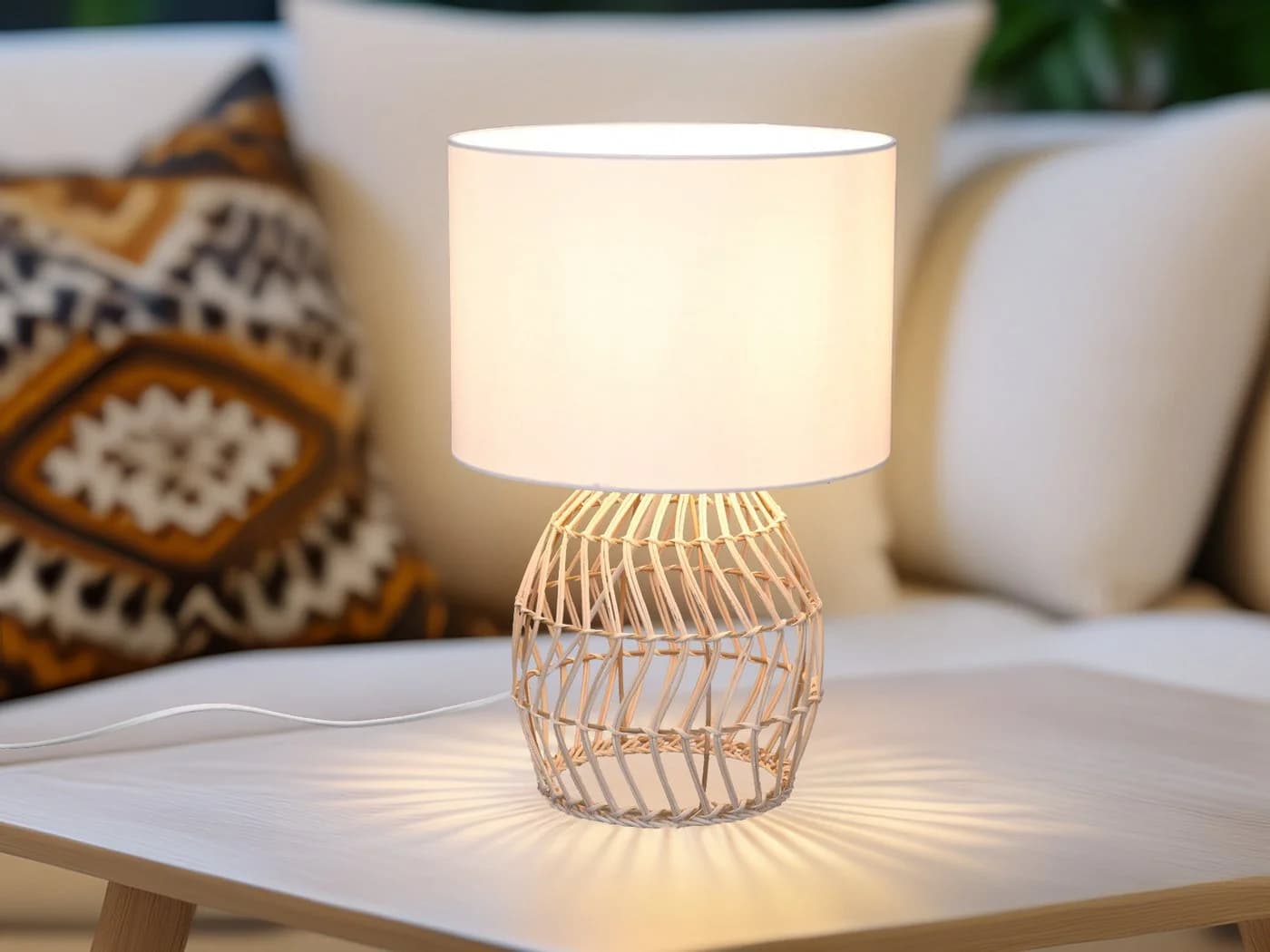 Reality Leuchten LED Nachttischlampe Boho Rattan Weiß Dimmbar